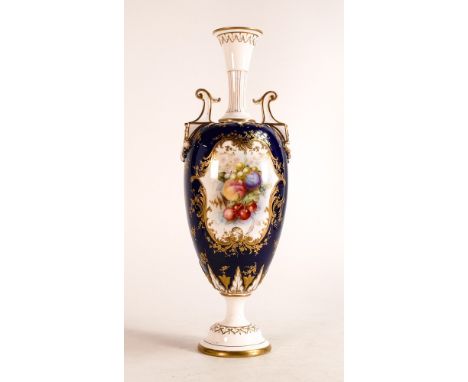 Royal Worcester two handled gilded vase, hand painted with fruit by W Hawkins, on Cobalt blue ground, some slight scratches t