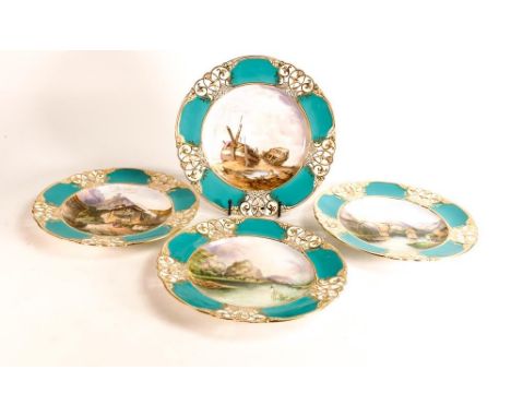 Set of four Royal Worcester gilded cabinet plates, turquoise pierced borders various boat, lake and street scenes, d.23.5cm. 