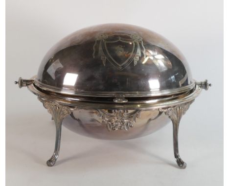 Large Victorian silver plated roll top bacon / breakfast dish with.  Monogrammed in cartouche with initial (S), and displayin