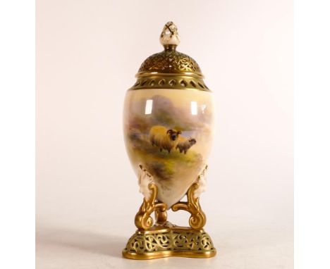 Royal Worcester Pot Pourri vase with cover. Painted with sheep by Harry Davis. Moulded with pierced lid and base. Height: 21c