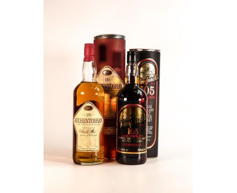 1 litre bottle of Glenfarclas 105 cask strength (60% abv) single Highland malt Scotch Whisky together with 1 litre Auchentosh