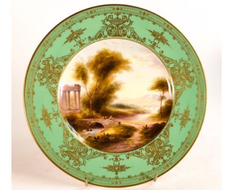 Royal Worcester gilded cabinet plate, hand painted with river &amp; bridge scenes by G H Evans, d.26cm. 