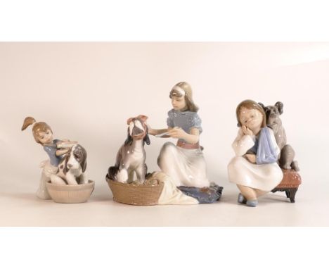 Lladro Figures to include Girl with Sling and Dog, 'We Can't Play' 5706,  Bashful Bather 5455 &amp; Take Your Medicine 5921, 