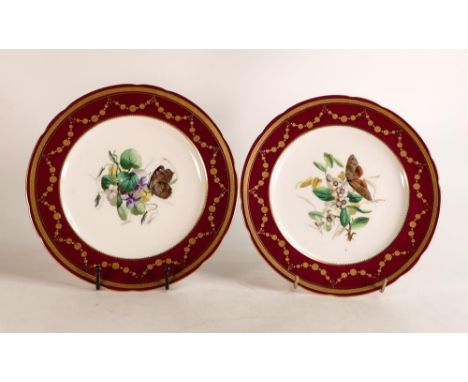 A pair of Minton hand painted circular cabinet plates. Painted with butterfly and flower vignettes. Raised gilt medallion swa