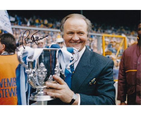 Autographed RON ATKINSON 12 x 8 photo : Col, depicting Sheffield Wednesday manager RON ATKINSON posing with the League Cup in