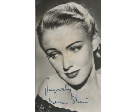 Susan Shaw signed vintage colour photo affixed onto card. Was an English actress. Signs of Age. Good condition. All autograph