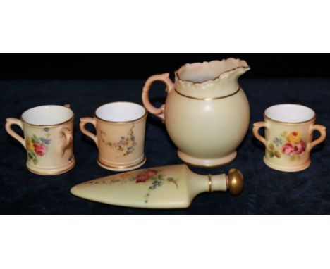 Group of assorted Royal Worcester porcelain miniature items to include arrow head shaped scent bottle, two miniature tyg's, m