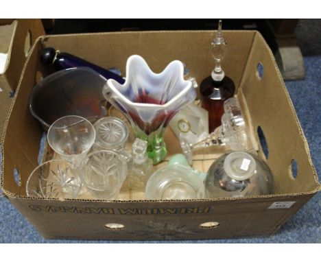 Box of assorted glassware to include Bristol blue rolling pin, Stuart crystal commemorative drinking glass, Le Lonquer signed