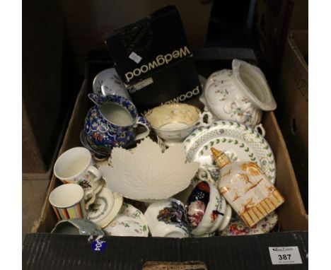 Tray of assorted china to include: various cabinet cups and saucers, including English porcelain; Wedgwood spill vase in orig