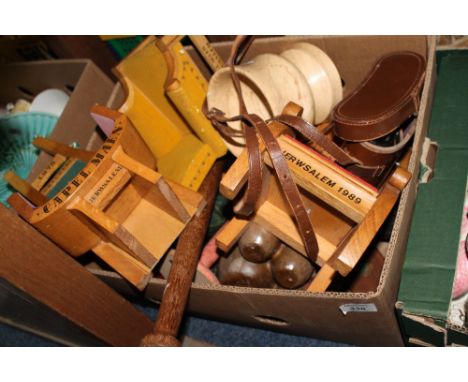 Box of assorted items to include various miniature Gwyl Dewi miniature Eisteddfod chaisr, Sycamore bowl, pair of binoculars, 