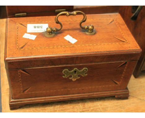 18th Century chequer banded and geometrically inlaid mahogany box with fitted interior, probably originally a tea caddy. On o