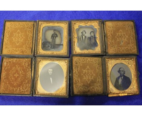 Box of assorted Ambro type portrait photographs in carved, folding cases. (10)