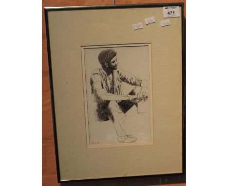 John Cleal, portrait of a seated man, pen and ink, signed.  Framed and glazed.