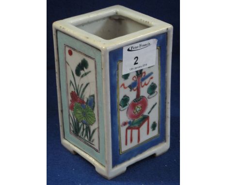 Chinese porcelain square section poly chrome enamel decorated vase painted with alternating panels of lotus flowers and preci