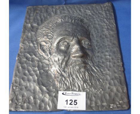 A French cast lead, rectangular shaped portrait plaque of a bearded man.  Bears incised initials: F.A.T.