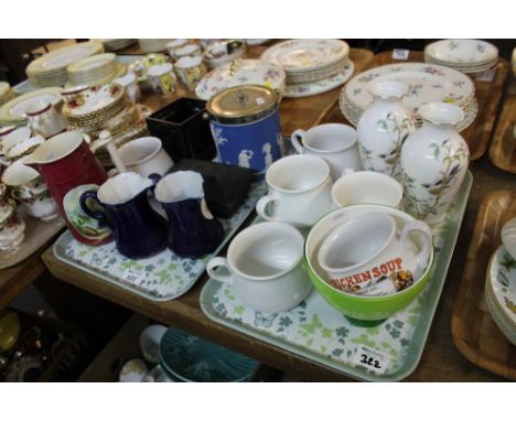 Two trays of assorted china to include pair of china baluster vases decorated with birds amongst foliage, Dudson blue and whi