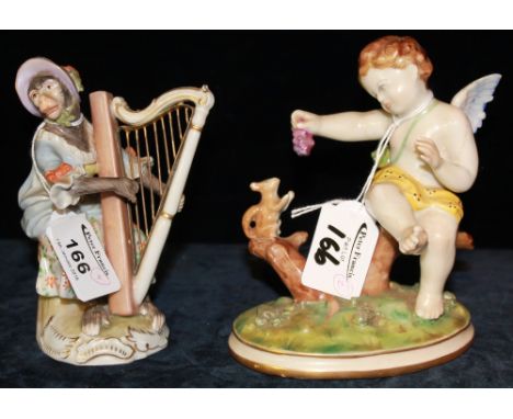 Dresden porcelain figure of a monkey in period dress playing the harp, together with continental porcelain figure group of a 