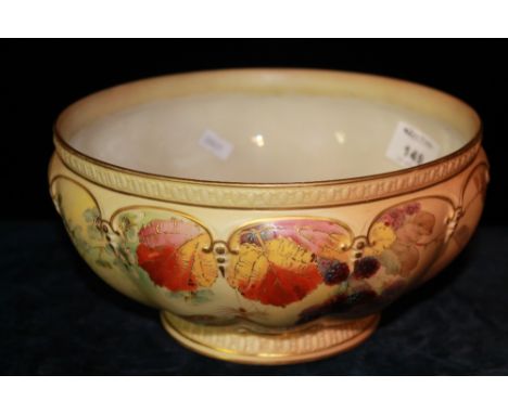 Royal Worcester porcelain circular pedestal bowl decorated with hand painted fruit and leaves on a blush ivory ground. Printe