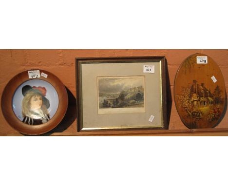 Framed ceramic dished portrait of a young boy, framed topographical engraving: 'Exmouth', and a printed oval wooden panel wit