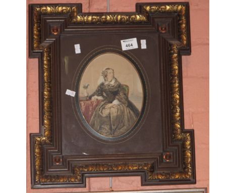 British School (19th Century), portrait of a seated Victorian lady, over-painted print, good quality ornate, gilded, foliate 