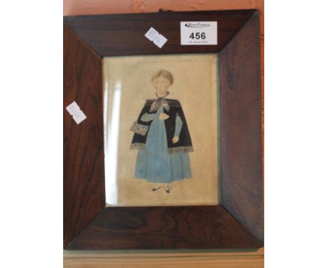 19th Century, British School, naive portrait of a young woman, watercolours, rosewood frame.