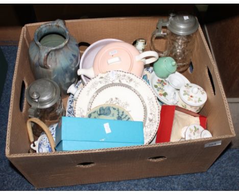 Box of assorted china to include two handled pottery jug, Wedgwood wild strawberry candle stick and trinket box floral plates