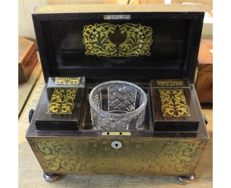 Early 19th Century rosewood and boulle work, brass inlaid sarcophagus shaped tea caddy with mother-of-pearl escutcheon on bun