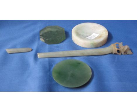 Five items of Chinese hardstone to include three shallow dishes and a broken jade hairpin. (4)
*** CONDITION REPORT: Some dis
