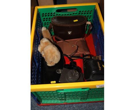 Box of assorted items to include: boxed Nikon Lite Touch Zoom 100W; cased binocular; Minolta Camera etc.