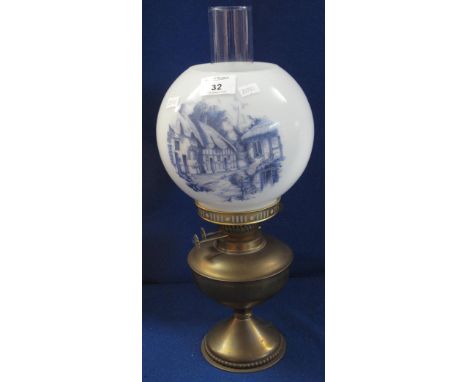 20th Century brass double burner oil lamp with printed white glass shade and clear chimney.
