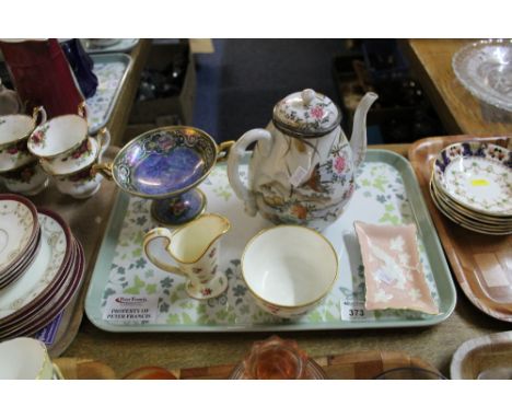 Tray of assorted items to include Newhall two handled lustre pedestal bonbon dish, Mintons matching milk jug and sucrier, Roy