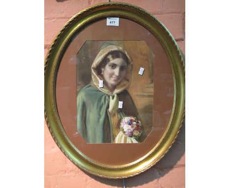 British School, portrait of a young girl in cloak with posy, coloured print.  Framed and glazed.
