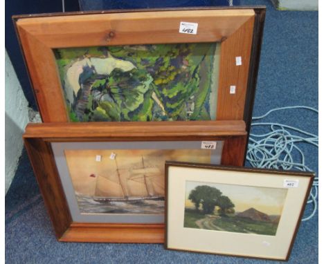 Frank Shelley, (early 20th Century), farmstead in landscape, watercolours, coloured print of a Welsh sailing vessel, Lockwood