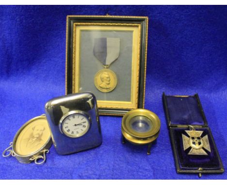 Box containing white metal and enamel Society pendant, engraved initials: G.F.S., 1898; American Civil War later struck medal