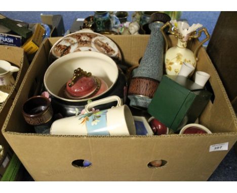 Box of assorted china to include Staffordshire floral dresser jug, two handled gilt and floral vase, West German pottery tape