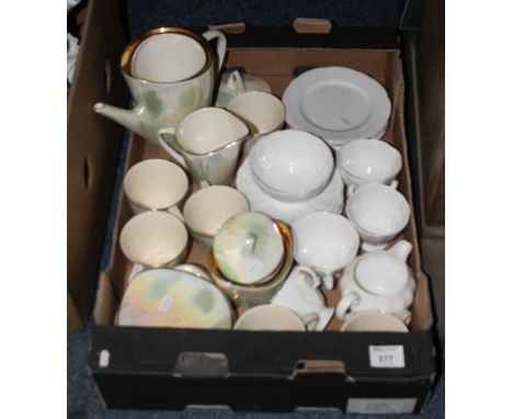 Tray of assorted china to include various lustre and white tea ware items comprising tea cups, saucers, sucrier, plates etc.