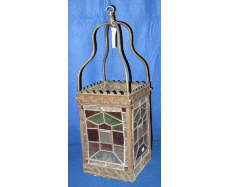 Late Victorian / Edwardian brass hall lantern with leaded glass panels.