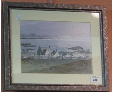 After Kyffin Williams, Welsh cottages on a headland, coloured print.  Framed.