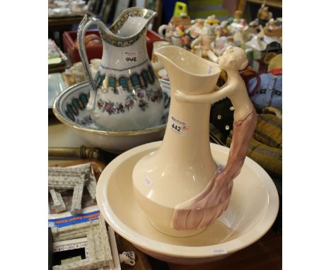 Walter J Fletcher jug and basin with figural handle together with another Staffordshire Tunstall jug and basin. (2)  CONDITIO