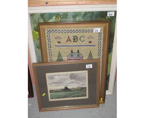 Group of assorted framed furnishing pictures to include coloured print, sampler and watercolour landscape.