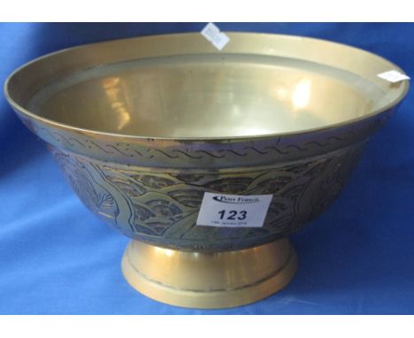 Chinese polished yellow metal bowl with engraved dragon and other decoration.  Cast seal mark to base.  25cm diameter.