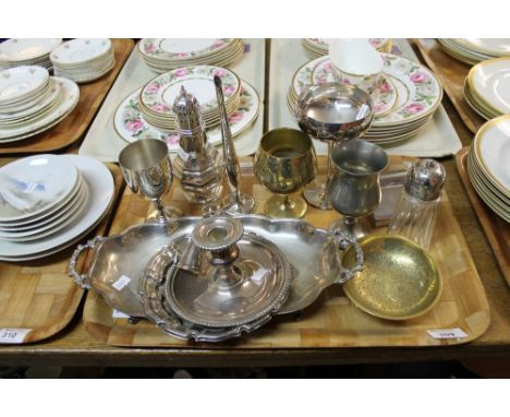 Tray of assorted metalware items to include chamber stick, two handled tray, goblets, sugar sifter etc.