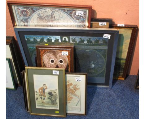 Group of assorted furnishing pictures, maps, framed ceramic tiles, needlepoint map of England and Wales, print after Constabl