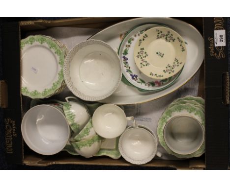 Box of assorted china to include: Ainsley part teaware; other teawares; Royal Worcester oval serving tray; Old Cox wickerware