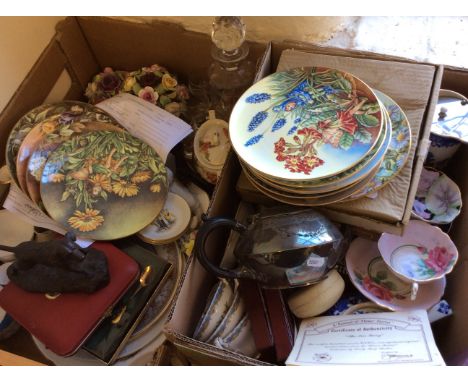 Two boxes of various items including flower fairy plates, glassware, picture in frame, brass teapot etc.