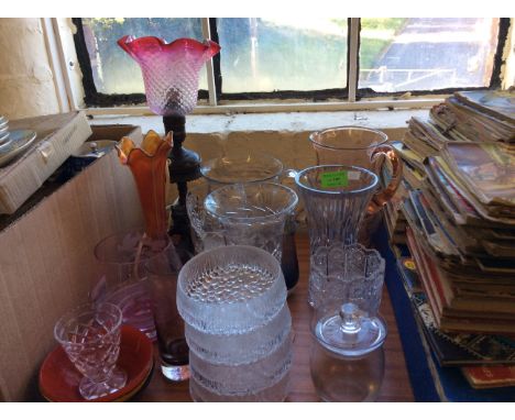 A selection of various glassware including lamp, jugs, vases, glasses etc.