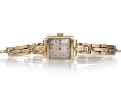 OMEGA MANUAL WIND WRIST WATCH, the square dial with dot and Roman hour markers, 15mm case with personal inscription to the re