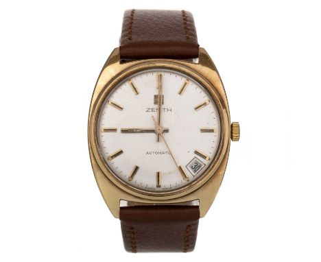 ZENITH NINE CARAT GOLD AUTOMATIC WRIST WATCH,   the round dial with baton hour markers, 32mm case, on a generic brown leather