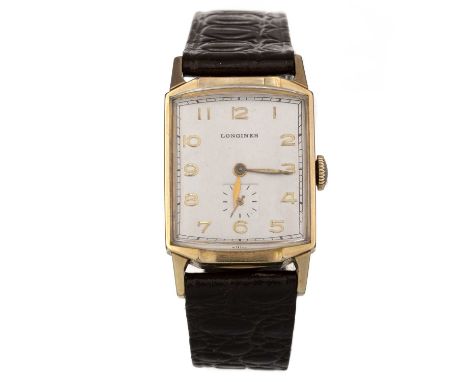 LONGINES GOLD FILLED MANUAL WIND WRIST WATCH, the square dial with Arabic hour markers, outer railroad seconds track, 23mm ca