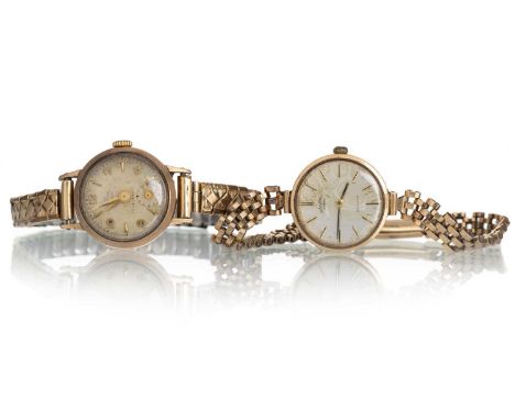 GOLD WRIST WATCH AND TWO OTHERS, the early 20th century manual wind watch with numbers in gold to the cream dial and cased in